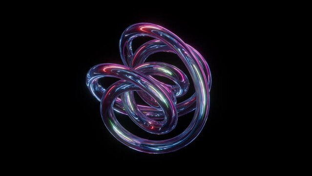Fantastic looped 3d animation. Impossible tangled glass object, flexible form, morphing iridescent form, reflecting neon light, smoothly transforming and changing shape, isolated on black background