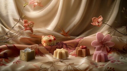 An elegant display of Japanese confectionery wagashi, featuring seasonal motifs, set against a backdrop of silk fabric with subtle floral patterns