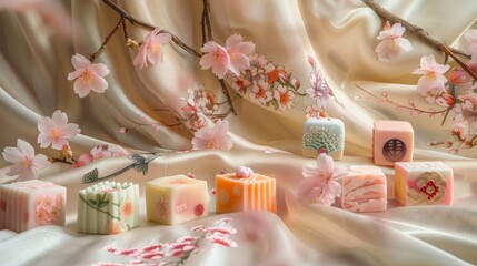 An elegant display of Japanese confectionery wagashi, featuring seasonal motifs, set against a backdrop of silk fabric with subtle floral patterns