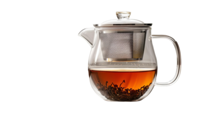 Clear glass tea pot filled with fresh green tea, steaming gently