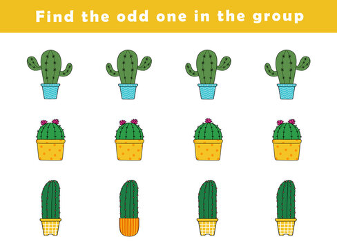 Find the odd one out for toddlers. Spot the difference for kids. Educational quiz worksheet with cute cactus illustration. Logical activity for children.