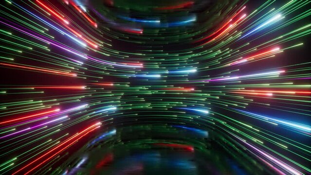looping 3d animation. Abstract neon background, red blue green glowing lines appear, slide right and vanish. Colorful animated wallpaper