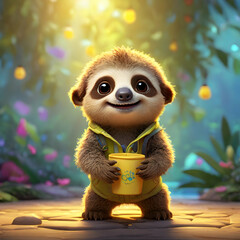 A baby sloth, full of wonder, stands tentatively on its back legs against a cheerful yellow backdrop