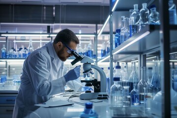 Scientist conducting research in a laboratory using a microscope surrounded by glassware and blue liquids