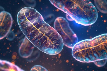 Macro photo of mitochondria with blue and orange glowing internal structures
