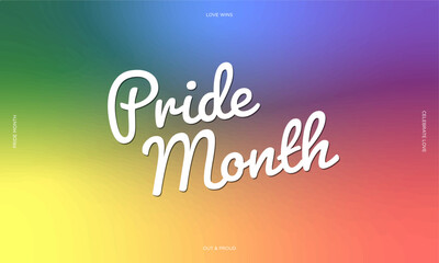 Pride Month Banner on rainbow colored gradient background. For LGBTQ Pride month and inclusivity. Love wins. Textured painted rainbow. For Design elements, poster, cards, social media, banner, web. 