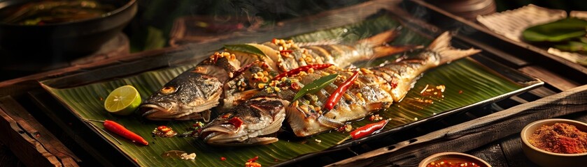 Banana leaf steamed fish with lime and chili, fresh catch displayed, seaside grill setup
