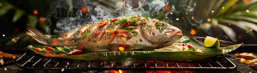 Banana leaf steamed fish with lime and chili, fresh catch displayed, seaside grill setup - Powered by Adobe