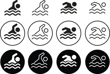 Set of black Swimmer icons. Swim icons page symbols for your web site designs. Concept of swimming pool, summer competition and more in trendy flat style with editable stock on transparent background.