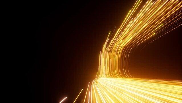 3d animation, abstract black background with golden yellow neon lines and glowing trails, moving from left to right and disappearing