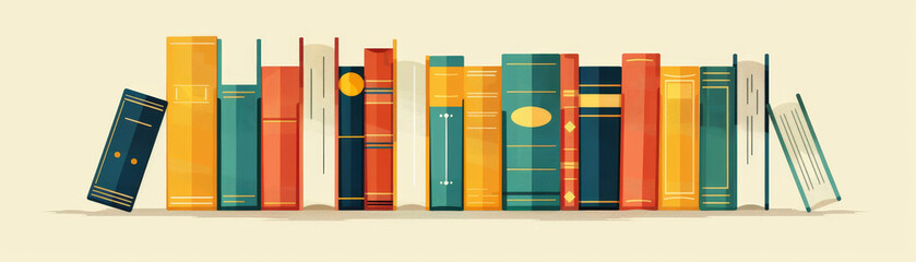 A colorful row of books arranged neatly on a shelf against a light background, showcasing variety and organization in literature.