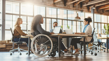 A group of people are sitting at a table in a room, with one person in a wheelchair. The atmosphere seems to be professional and collaborative, as the group is working together on laptops