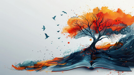 Abstract illustration of an open book transforming into a vibrant tree with colorful leaves and birds flying around, symbolizing imagination.