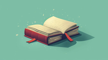 An illustration of an open book with red bookmarks on a green background. Represents knowledge, reading, and literature.