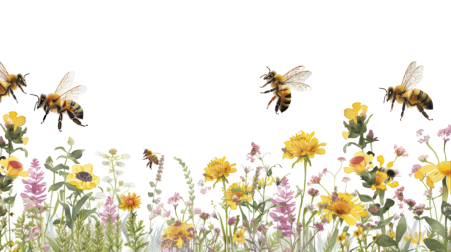 Group of bees in flight over colorful flowers in a field