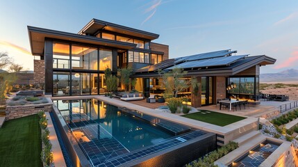 Fototapeta premium Design a modern house with a pool, and solar panels. The house should have a lot of glass windows.