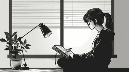 Black and white illustration of a woman in a modern room writing in a notebook, next to a lamp and potted plant by the window.