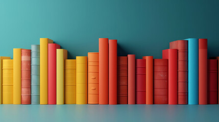 Colorful books arranged in a row against a teal background, showcasing a variety of shades in a modern and vibrant setting.