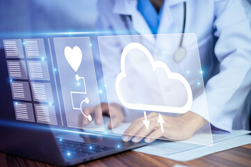 Doctor using computer backup data on Cloud Computer technology and storage online for computer, computer backup storage data Internet technology backup online document, backup data concept