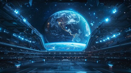 Futuristic soccer in orbit, holographic arena, Earth backdrop, moonshine highlight, Asia, Leading lines, centered in frame, natural light, photography