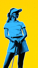 Monochrome grainy image of elegant woman in sportswear playing golf against yellow background. Contemporary art collage. Concept of sport, hobby, leisure activity. Colorful creative design. Pop art