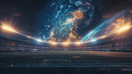 Futuristic soccer in orbit, holographic arena, Earth backdrop, moonshine highlight, Asia, Leading lines, centered in frame, natural light, photography