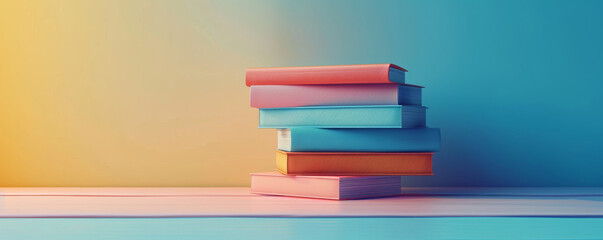 Colorful stack of books on a two-tone background, blending warm and cool tones, symbolizing knowledge, learning, and education.