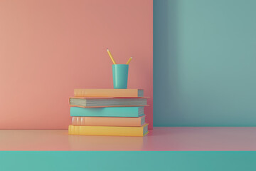 Colorful stack of books with a pencil holder on a pastel background. Modern minimalistic design for education or office concepts.