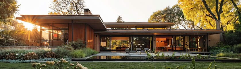 Design a modern house with a pool. The house should have a lot of glass and wood. The style should be mid-century modern.