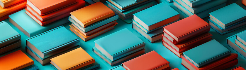 Colorful stack of books arranged in an organized pattern on a turquoise background, perfect for education, reading, and library themes.