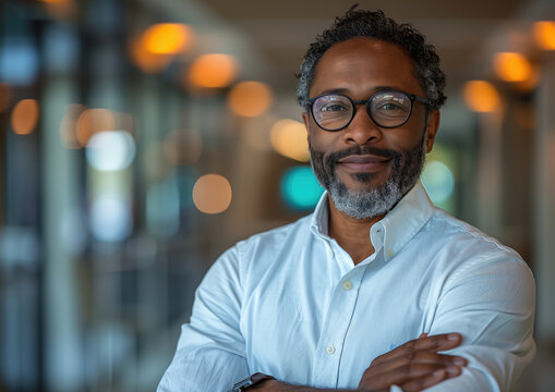 Hombre moreno con barba y gafas 40s - 50s, ejecutivo, con los brazos cruzados, en un pasillo en un ambiente tenue empresarial, de frente, a un lado de la imagen, denota confianza, seguridad, &aacute;mbito IT