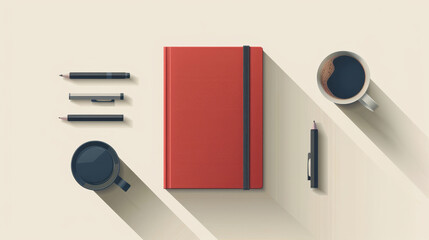 Flat lay composition of a red notebook, coffee cup, pens, and pencil on beige background, ideal for productivity and office themes.
