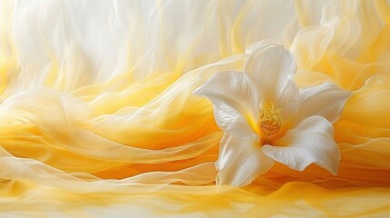   A large white bloom atop a yellow-and-white fabric bed, resting on top of yellow-and-white sheets