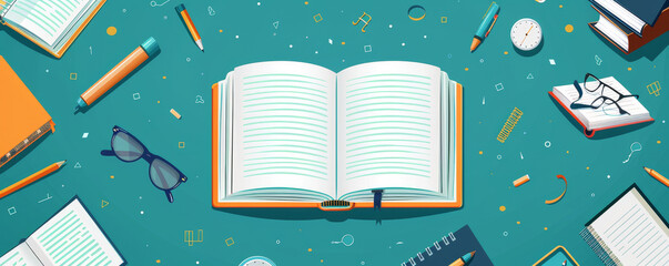 Flat lay of an open book surrounded by stationery items on a teal background, symbolizing education, learning, and creativity.