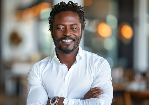 Brunette man with short curly hair, in her 50s, executive, with arms crossed, in a dim corporate hallway, front view, confident, secure, IT development field