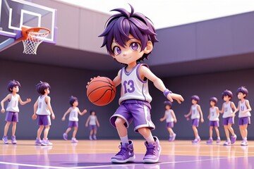 Naklejka premium This anime style 3D illustration shows a young boy in violet jersey and shorts holding a basketball. He is smiling and having fun on a basketball court, with the lively background of other people pla