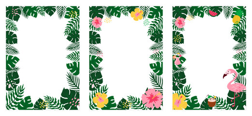 Summer tropical frames with leaves, flowers and flamingo for party invitations, sale posters and wedding cards. Collection of vector templates isolated with white background.