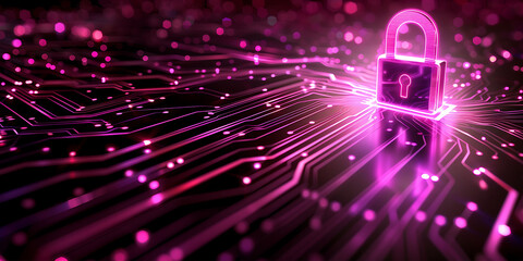 Obraz premium Info Lock - Purple circuits transfer data to a digital lock