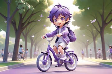 Amidst a picturesque park setting, an anime-style cartoon boy enjoys a ride on his violet bicycle, his joyful expression mirroring the serene atmosphere and activity around him.