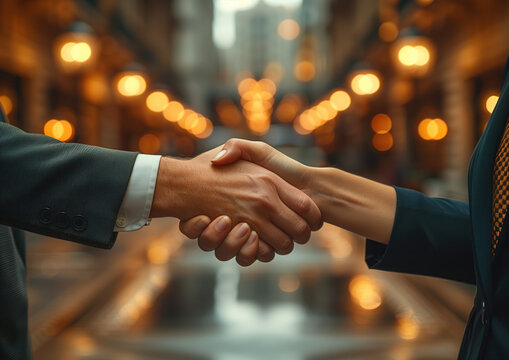 Dos manos, hombre, mujer, d&aacute;ndose la mano, cierre de contrato, aceptaci&oacute;n, en un pasillo lleno de luces, difuminado, acuerdo entre partes, agradecimiento, aceptaci&oacute;n de propuesta, negocios