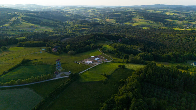 Lookout Tower in Brusnik, near Ciezkowice in Lesser Poland overlooking hills and farmfields