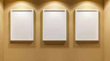 An elegant trio of white frames on a mustard wall, each under a spotlight that creates a captivating contrast and ambiance.
