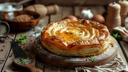 Bulgarian banitsa, spiraled phyllo pastry filled with cheese and eggs, morning light, simple country kitchen, fresh out of the oven