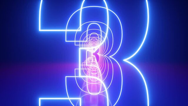 3d animation of digital countdown, glowing neon linear numbers from 1 to 10. Laser ray appears on black background and zoom in