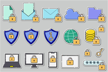 ステッカー風のスマホ、パソコン、クラウドのセキュリティアイコンセット。途切れ線のイラスト。