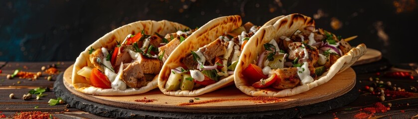 Chicken souvlaki, served in a pita with vegetables and tzatziki sauce, vibrant Greek street fair