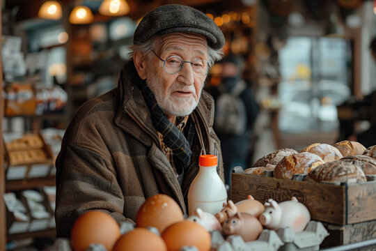 Anciano canoso en una tienda de alimentaci&oacute;n, pagando con huchas cochinito, huevos, pan, leche. Consternaci&oacute;n, humilde, bajos recursos, jubilado, sector vulnerable de la poblaci&oacute;n