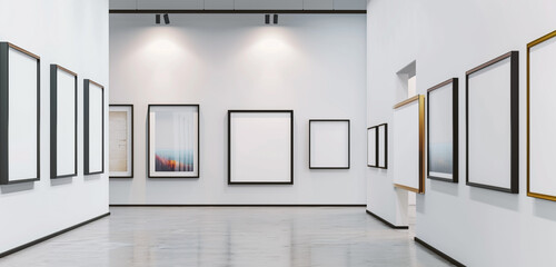 Modern art gallery displaying a series of resin-finished frame mockups, each representing contemporary artistic expressions.