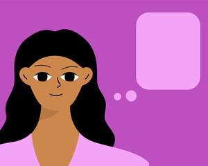 Black brunette reports information. Empty space for text, message. Smiling beautiful african woman in flat design.