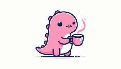 Cute Pink Dinosaur Holding Coffee Cup